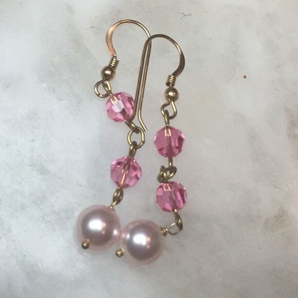 PINK & Pearl Drop Earrings by Dallas Designer - Picture 1 of 8